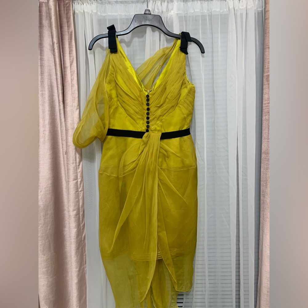 Nathan Jenden satin chiffon green button detailed dress back drape overlay